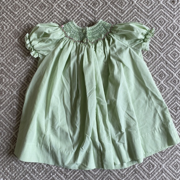Bow Peep smocked pale green dress with light pink detail and matching bloomers - Picture 2 of 4